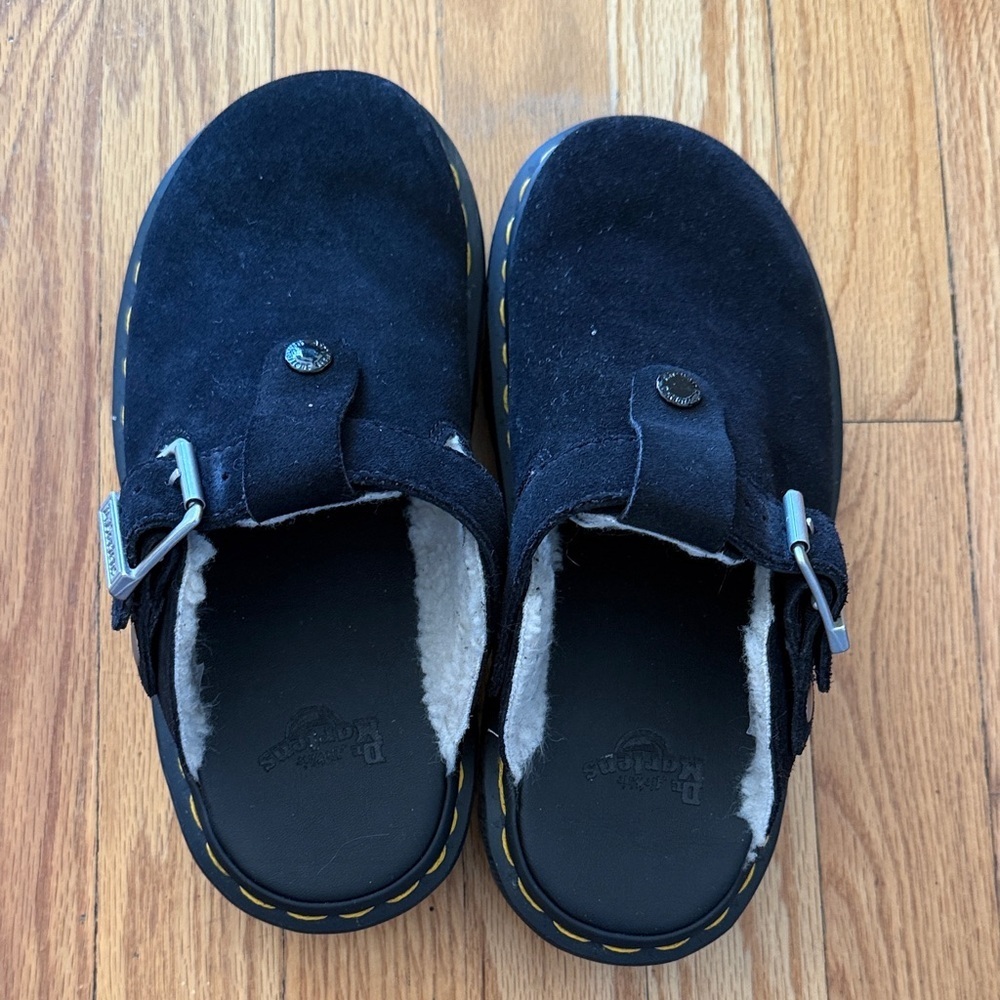 Dr. Martens 6 Zebzag Black Suede Sllingback Clog Mules faux shearling great cond - Picture 2 of 8